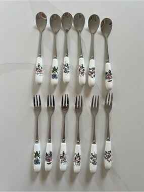 Floral Porcelain Handle Dessert Fork and Spoon Set - White